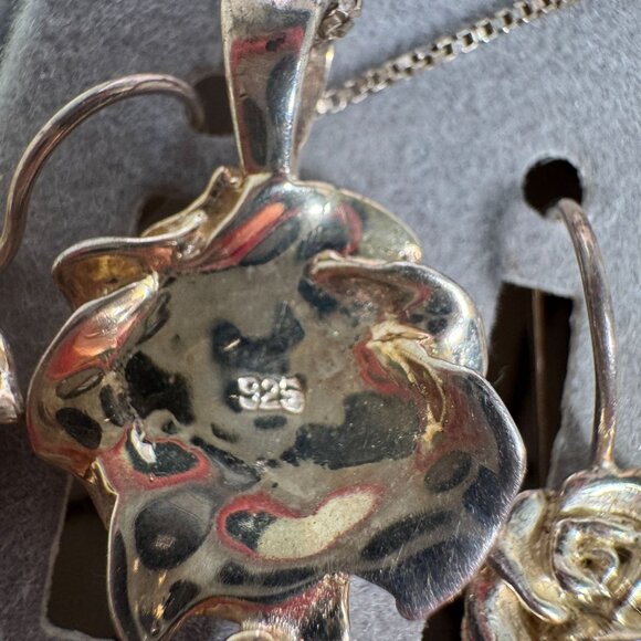 Sterling Silver Rose Jewelry Set W/ Amethyst Teardrop Accents Necklace Earrings - Picture 4 of 5